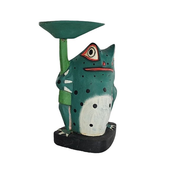 Vintage Wood Carved Frog Leaf Umbrella Folk Art Hand Painted - Picture 2 of 10